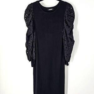 Express Black Bodycon Midi Sweater Dress w Puffed‎ Cutout Scalloped Long Sleeves
